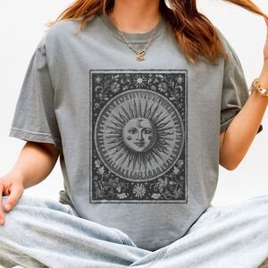 Celestial Face Graphic Tee Mystical Moon Stars Vintage Astronomy Design
